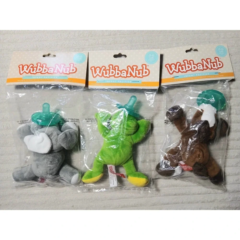 2010 Wubbanub Gray Elephant/ Frog/ Horse Silicone Pacifier Buddy Plush Lot NEW!!